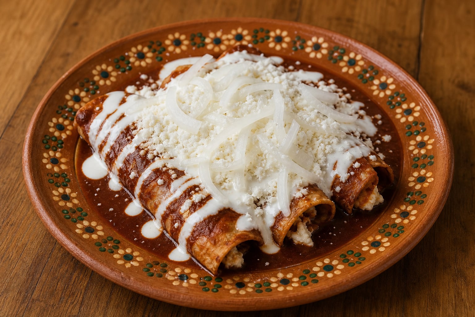 Un plato de barro con enchiladas queretanas bañadas en salsa roja, crema, queso fresco y cebolla reposa sobre una mesa de madera. (Imagen Ilustrativa Infobae)