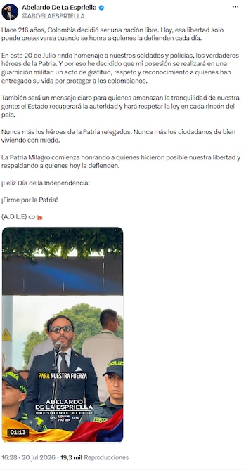 Abelardo de la Espriella anunció posesión en instalación militar en reconocimiento a soldados y policías - crédito @ABDELAESPRIELLA/X