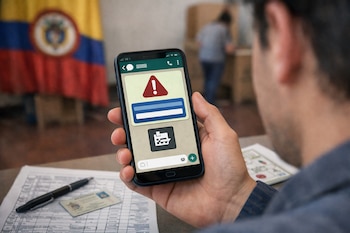 Primer plano de una mano sosteniendo un smartphone con una alerta de estafa en WhatsApp. Al fondo, una bandera de Colombia y una cabina de votación.