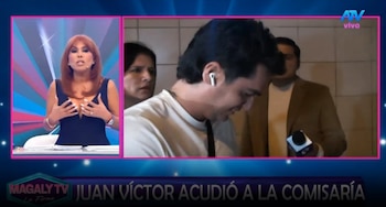 Juan Víctor sale de comisaría mientras Andrea San Martín sigue detenida. Captura: Magaly TV La Firme.