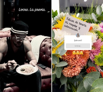 Imagen dividida: a la izquierda, Ricardo Arjona come de un plato en un sofá; a la derecha, un ramo de flores con una tarjeta y un post de Instagram