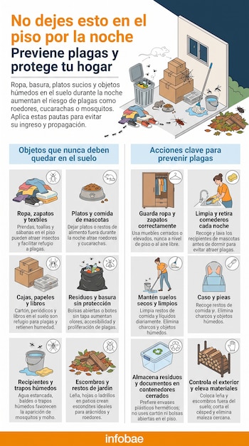 Infografía con título "No dejes esto en el piso por la noche", ilustración de una habitación y patio con basura y plagas, y doce paneles con consejos y acciones.