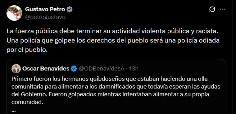 Según Gustavo Petro, una Policía que atente contra los derechos de la población será rechazada por la comunidad - crédito @petrogustavo/X