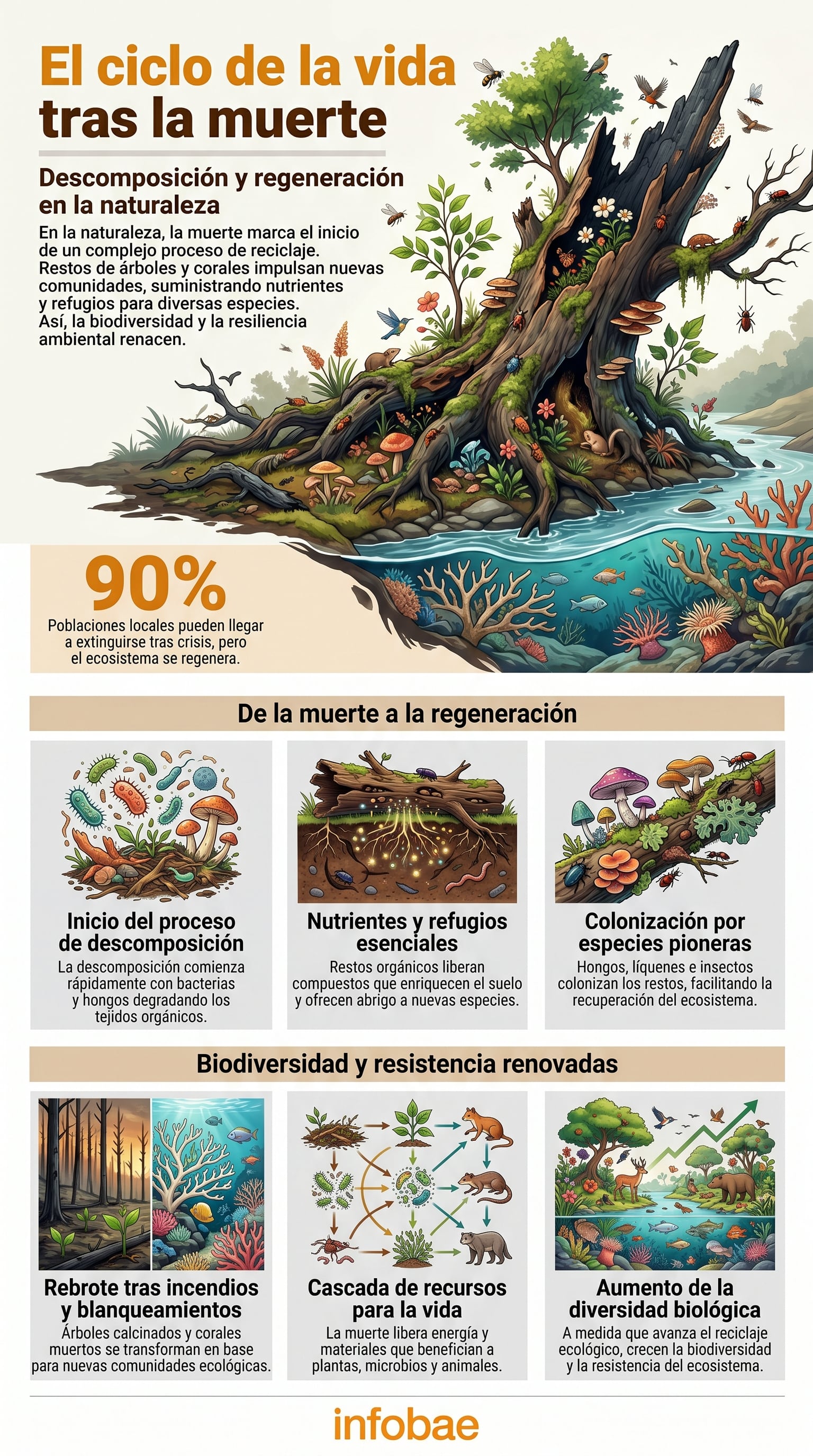 Recolonización sobre sustrato: microorganismos y especies pioneras ocupan los restos y abren espacio para una nueva comunidad - (Imagen Ilustrativa Infobae)