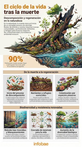 Infografía sobre el ciclo de vida tras la muerte, mostrando un tronco de árbol muerto con nueva vida, arrecifes de coral y paneles explicativos de descomposición y regeneración.