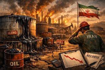 Hombre con chaqueta 'IRAN' y casco rojo, observando tanques de petróleo desbordados ('LLENO', 'FULL'), refinería humeante, bandera de Irán y gráficos de recorte.