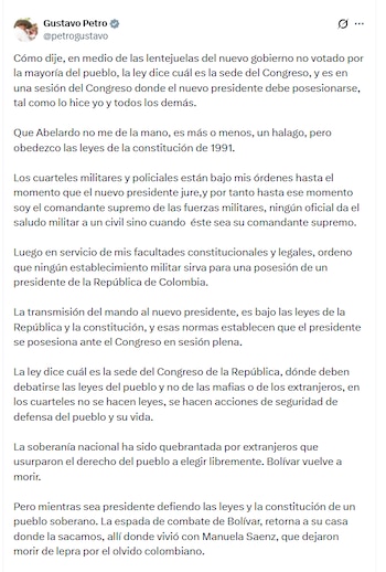 Presidente Petro prohibió el uso de bases militares para la posesión de Abelardo de la Espriella - crédito @petrogustavo/X