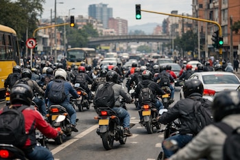 Vista trasera de una gran congregación de motocicletas con sus motoristas usando casco en una calle urbana congestionada de Colombia, con edificios al fondo.