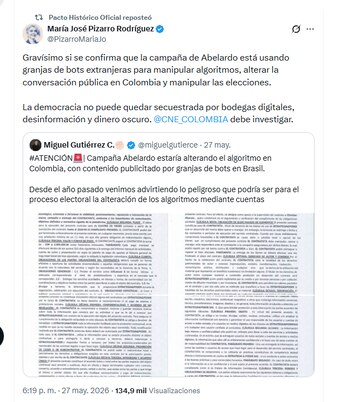 La congresista María José Pizarro Rodríguez pidió investigar presunta manipulación de algoritmos por parte de la campaña de Abelardo de la Espriella - crédito @PizarroMariaJo/X