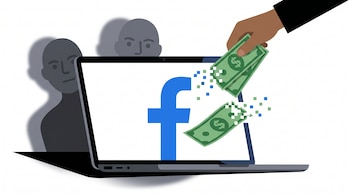 Ilustración de una mano entregando billetes de dólar a una pantalla de computadora portátil con el logo de Facebook y rostros sombríos detrás.