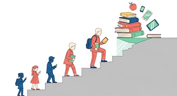 Cinco siluetas humanas de diferentes edades suben escalones. Una pila de libros, una manzana, dos teléfonos y una tableta están sobre una plataforma elevada.