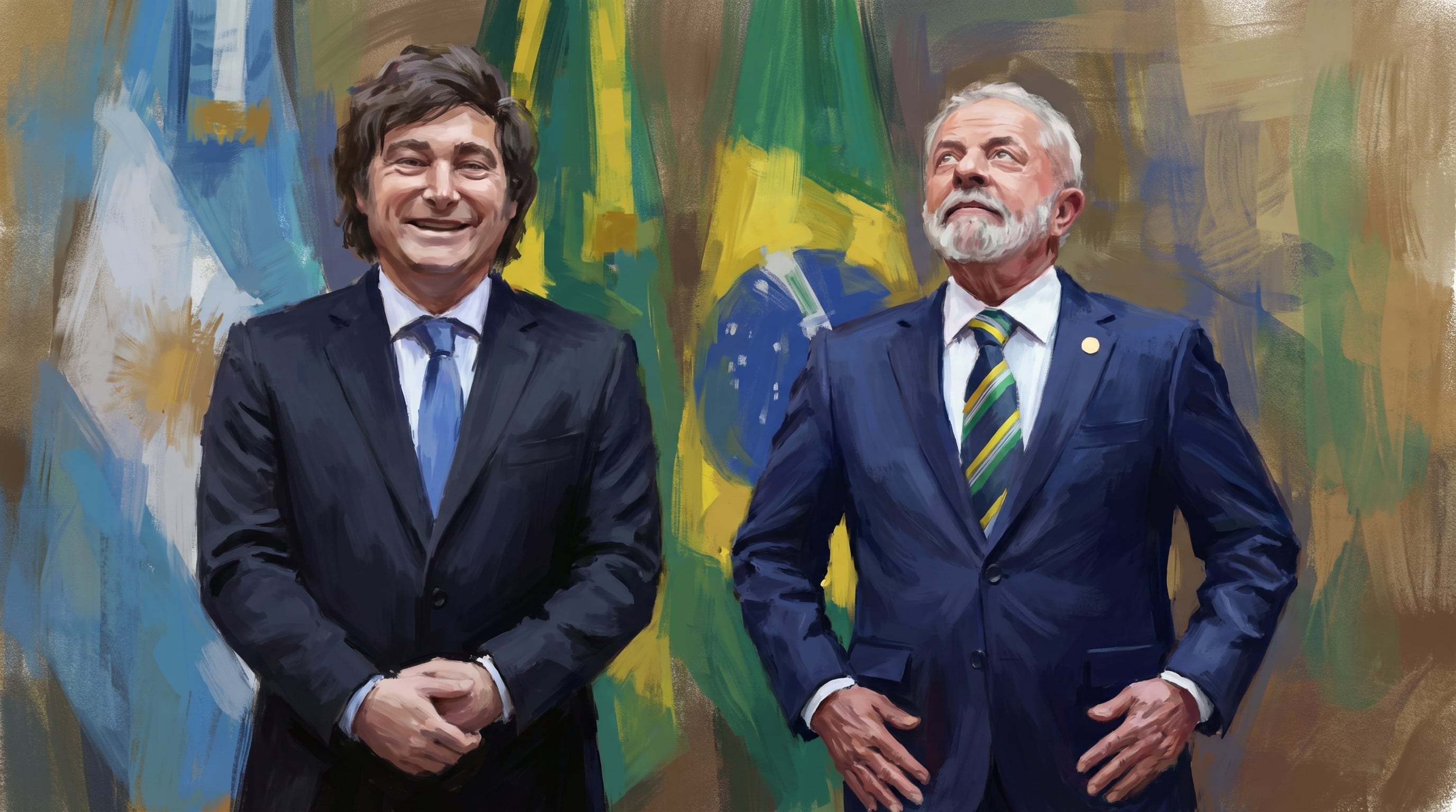 Un retrato de Javier Milei y Luiz Inácio Lula da Silva ilustra a los mandatarios de Argentina y Brasil, con las banderas de sus países al fondo. (Imagen Ilustrativa Infobae)