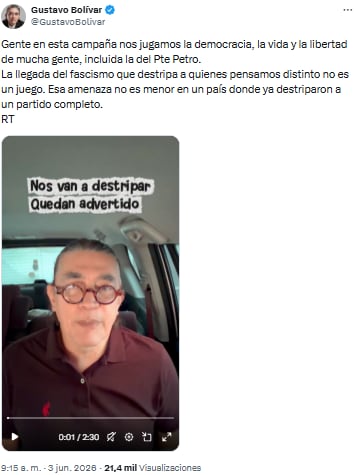 Gustavo Bolívar apuntó contra propuestas opositoras y convocó a la ciudadanía - crédito @GustavoBolivar/X