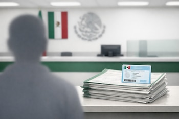 Vista trasera desenfocada de una persona frente a un mostrador blanco de Registro Civil en México, con una bandera mexicana, documentos apilados y una tarjeta CURP.