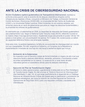 Captura de pantalla de un documento digital sobre la crisis de ciberseguridad en Guatemala, mostrando texto en español y un botón de 'continua'