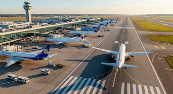 Aeropuerto con torre de control, ocho aviones comerciales en plataforma y pista, edificios terminales, pistas de aterrizaje y vehículos de tierra.