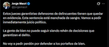 Captura de pantalla de un mensaje en redes sociales con el usuario Jorge Macri y un texto en blanco sobre fondo negro