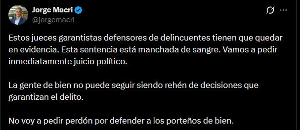 Una publicación en redes sociales de Jorge Macri cuestiona decisiones judiciales y anuncia la presentación de un pedido de juicio político a magistrados.