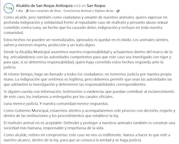 La Alcaldía de San Roque rechazó los hechos, solicitó avanzar en la investigación y pidió a la ciudadanía aportar información por canales oficiales sin tomar justicia por mano propia - crédito Alcaldía de San Roque Antioquia / Facebook