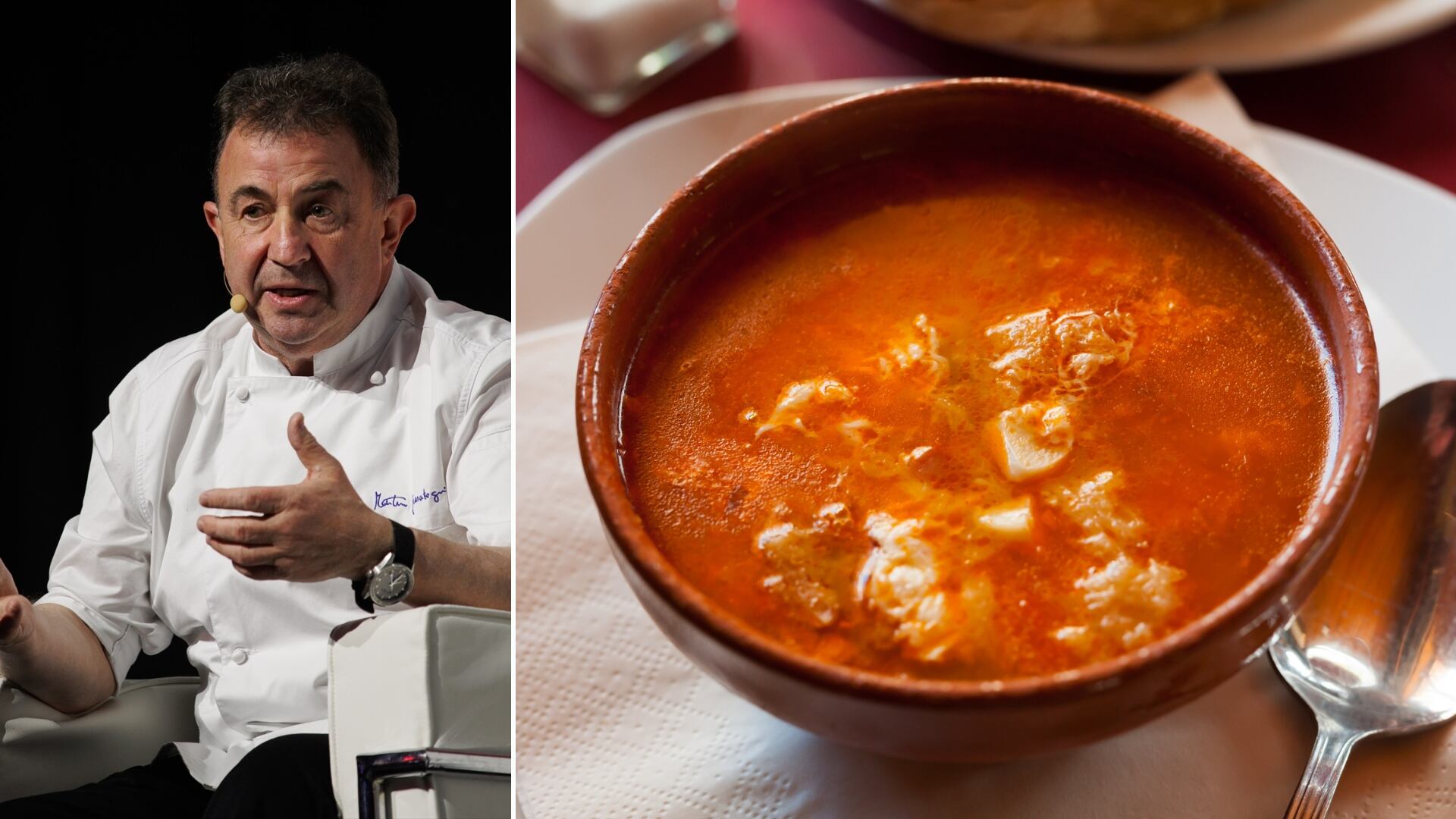 Martín Berasategui da el paso a paso para preparar una sopa de ajo, la primera receta que preparó en el restaurante familiar (Montaje Infobae)
