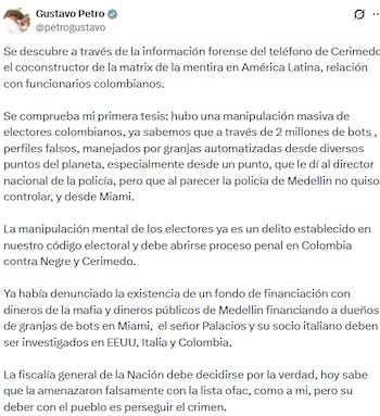 El expresidente de la República afirmó que hubo una intervención digital sobre los electores, pidió procesos penales y llegó a plantear que los comicios deberían anularse - crédito @petrogustavo/X