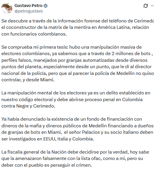 El expresidente de la República afirmó que hubo una intervención digital sobre los electores, pidió procesos penales y llegó a plantear que los comicios deberían anularse - crédito @petrogustavo/X