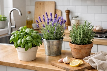 Tres plantas en macetas de albahaca, lavanda y romero sobre una encimera de madera en una cocina con azulejos blancos, ajo y limón rebanado.