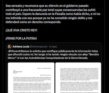 Vincent Ramos se retractó de vincular a Adriana Lucía como amiga de alias Bendito Menor tras la controversia en redes - crédito X