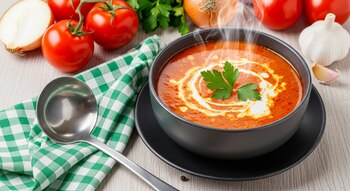 Cuenco de sopa de tomate humeante con crema y perejil, cucharón de acero en una tela de cuadros verdes, tomates, cebollas y ajo sobre una mesa de madera clara.