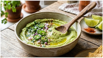 Un tazón de cerámica de guacamole cremoso con cilantro, cebolla morada, rodajas de jalapeño y semillas de sésamo. Una cuchara de madera está dentro