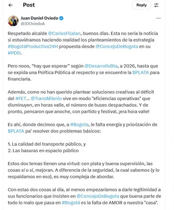 Juan Daniel Oviedo respondió al alcalde Galán por falta de transporte luego de partido de Millonarios - crédito @JDOviedoA