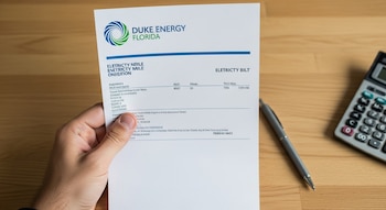 Una mano masculina sostiene una factura de Duke Energy Florida; en una mesa de madera clara, se ven un bolígrafo y una calculadora.
