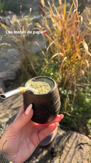 Una mano de mujer con uñas rosadas sostiene un mate de madera con bombilla y yerba mate espumosa, bajo luz solar, con plantas de fondo y el texto 'Los mates de papá'