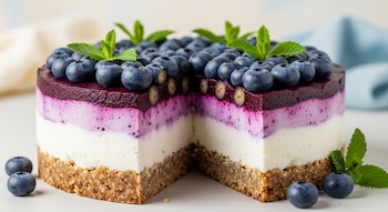 Pastel saludable sin horno de arándanos, cortado para mostrar sus tres capas: base de avena, yogur blanco y capa morada de arándanos. Decorado con arándanos frescos y menta.