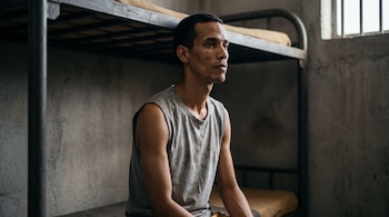 Un hombre con camiseta gris sin mangas sentado en una litera metálica dentro de una celda con paredes de concreto y ventana con barrotes.
