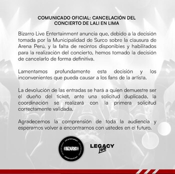 Anuncian cancelación del concierto de