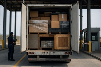 Un remolque de camión abierto contiene cajas de cartón, estructuras de madera y paquetes, junto a un oficial de seguridad en una garita.