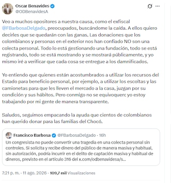 Óscar Benavides negó que se trate de una colecta personal y aseguró que la recepción y administración de los recursos está a cargo de una fundación - crédito @ODBenavidesA/X