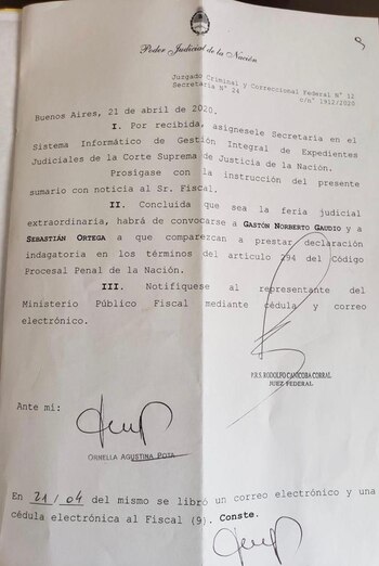 Notificación judicial a Sebastián Ortega