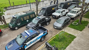 Camionetas y furgones de la Policía Federal Argentina, Gendarmería y PSA estacionados en fila en una calle de asfalto