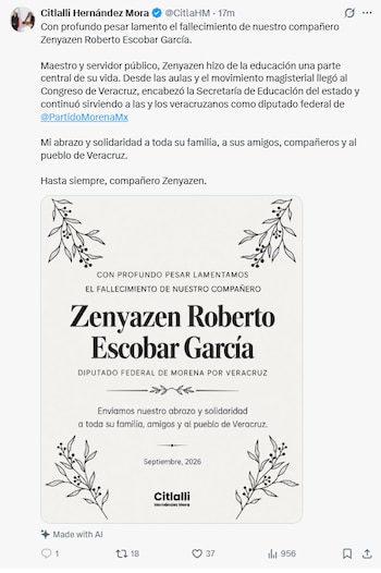 Captura de pantalla de una publicación digital con un mensaje de pésame y una esquela en memoria de Zenyazen Roberto Escobar García