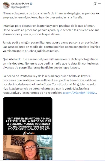 El expresidente de la República dijo que deberá llevar a las exfuncionarias a procesos penales para que entreguen las pruebas de sus afirmaciones y sea la justicia la que defina - crédito @petrogustavo/X