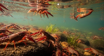 Múltiples cangrejos de río de color marrón rojizo se desplazan bajo el agua sobre rocas y vegetación acuática, con luz filtrándose desde la superficie.