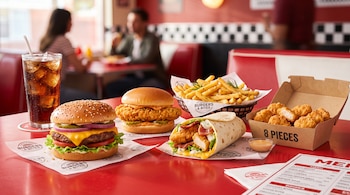 Una hamburguesa de carne, un sándwich de pollo, un wrap, papas fritas, trozos de pollo empanado y un refresco con hielo sobre una mesa roja.