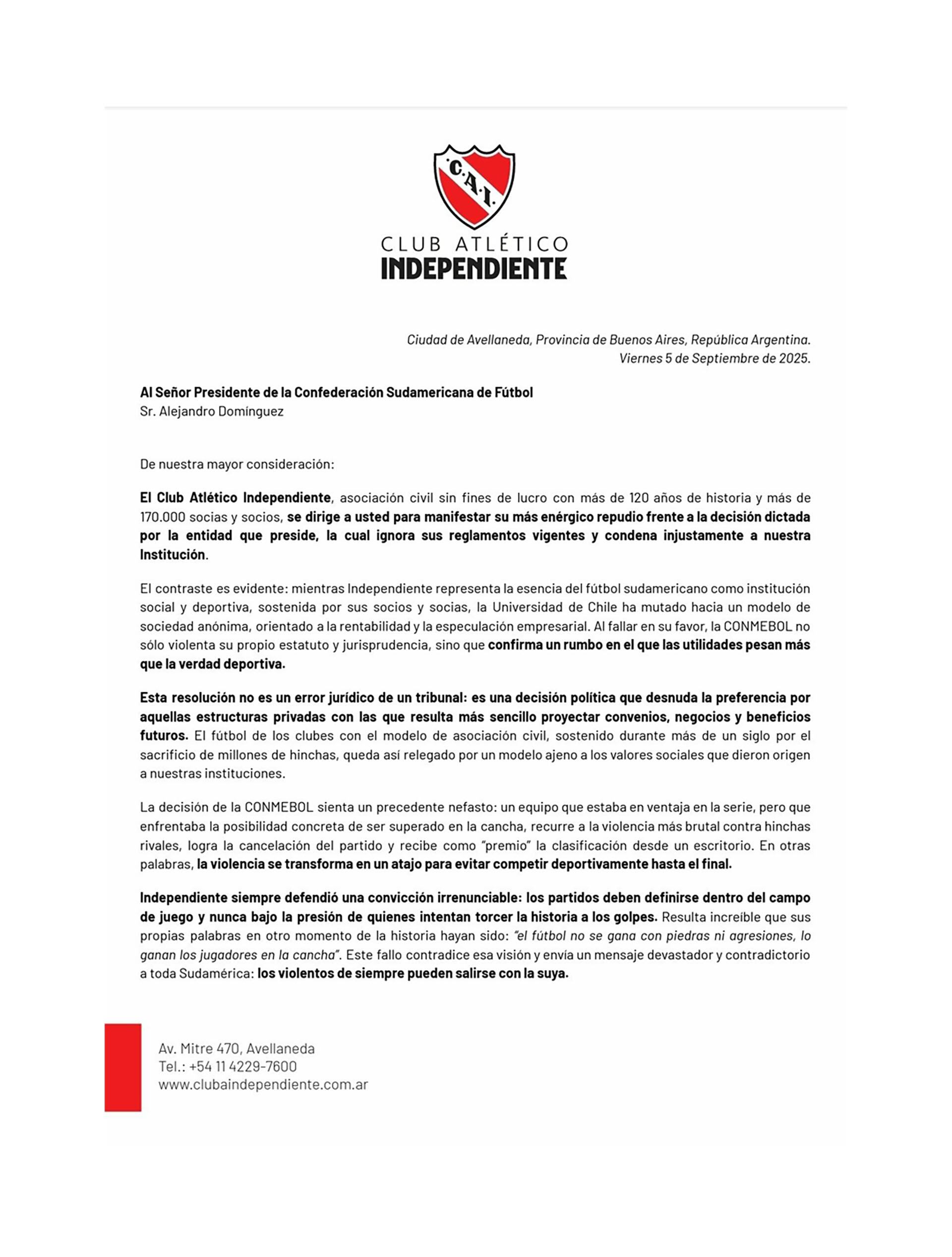 La primera página de la carta que Independiente envió a Conmebol