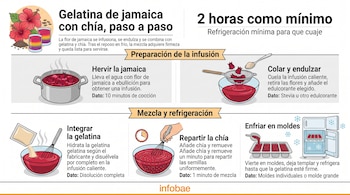 Infografía ilustrada que incluye ollas, tazones, un colador, un batidor manual y un refrigerador con recipientes para gelatina.