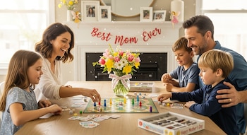 Familia sonriente, madre, padre y tres hijos, sentados alrededor de una mesa de madera jugando un juego de mesa. Un ramo de flores coloridas está en el centro.