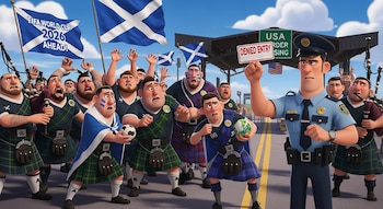 Un oficial fronterizo de EE. UU. sostiene un cartel de "DENIED ENTRY" frente a un grupo de animados aficionados escoceses con kilts y banderas de su país.
