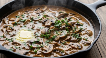 Una sartén de hierro fundido contiene salsa de champiñones cremosa con trozos de hongos, hierbas frescas y un trozo de mantequilla derretida, emitiendo vapor.