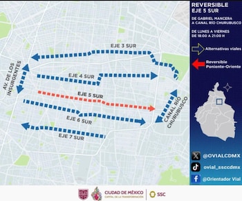 Autoridades de viales de la CDMX informaron sobre las modificaciones viales en Eje 5 Sur.
Crédito: X / @OVIALCDMX